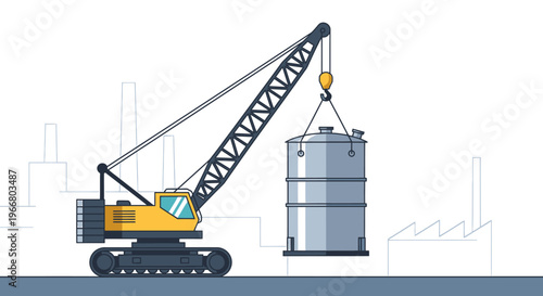 Yellow excavator lifting large metal cylinder.