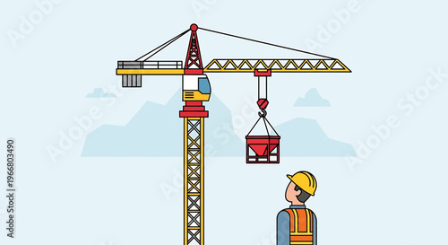 Construction worker near crane lifting load.