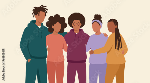 Diverse young adults in casual attire, embracing unity and friendship