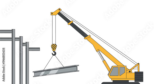 Yellow Construction Crane Lifting Metal Beam.