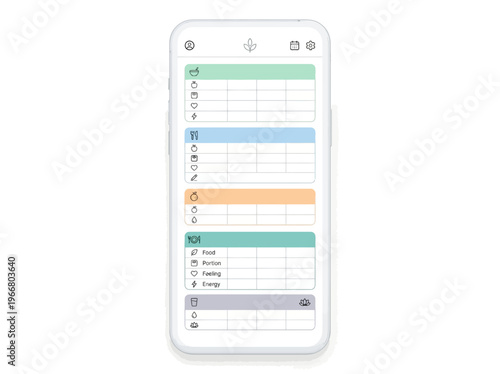 Digital wellness food journaling app interface on a smartphone screen, showcasing meal tracking and health monitoring features for a balanced lifestyle.
