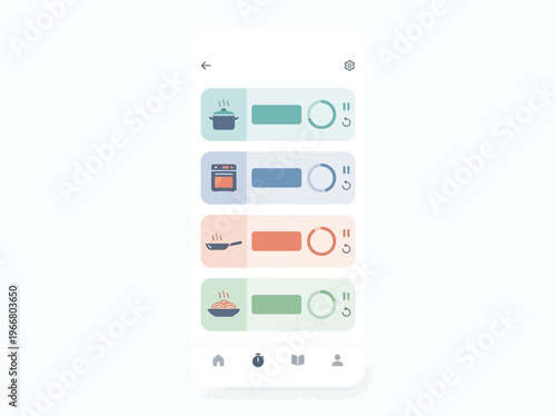 Modern Smart Cooking Timer Mobile Application Interface with Kitchen Appliance Status Monitoring for Efficient Meal Preparation