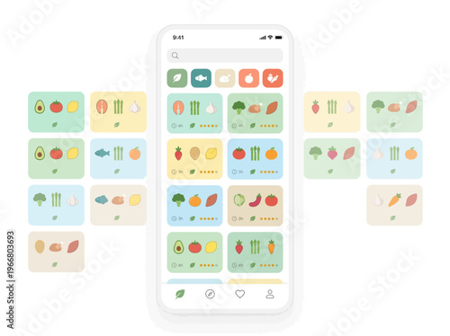 Conceptual illustration of a healthy recipe discovery mobile app on a smartphone, showcasing diverse food icons and meal planning.
