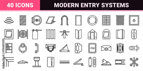 Architectural Door and Hardware Minimalist Monoline Icons. Geometric Line Art for Building Entryways, Security Access, and Interior Design.