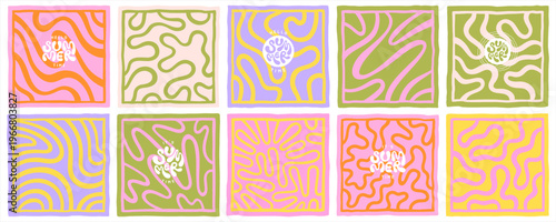 Deformed fluid uneven organic lines vector funky groovy maze square backgrounds frames set. Hello summer hand lettering. Doodle patterns collection. Uneven hand drawn wavy twisted curved lines waves.