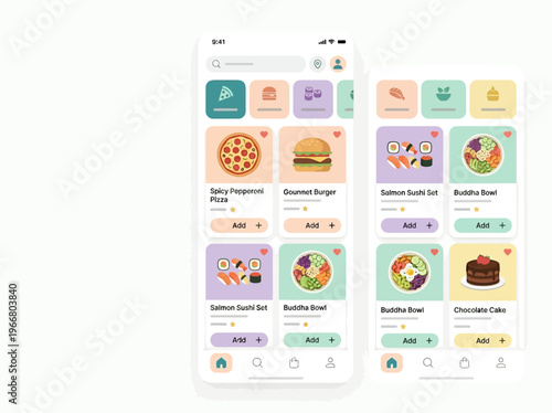 Dynamic illustration of a sleek food delivery application's mobile interface, presenting diverse culinary options for convenient online ordering.