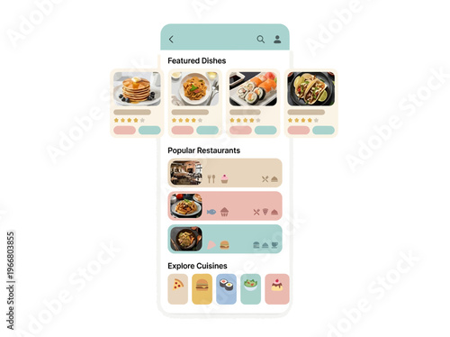 Modern mobile application interface showcasing various food dishes and popular restaurants for convenient online browsing and meal discovery