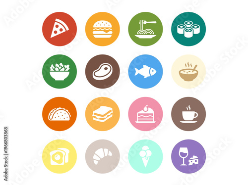 Diverse food and drink category icons, clean modern flat design style. Ideal for menus and digital culinary projects.