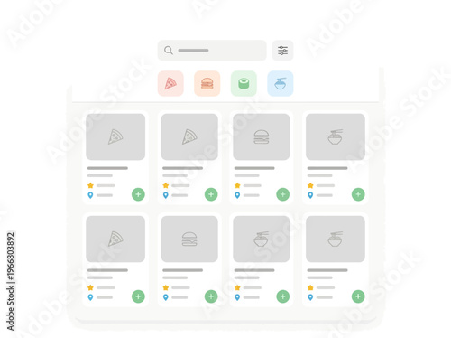 Modern digital interface displaying a food search application with category filters and menu item results for online ordering.