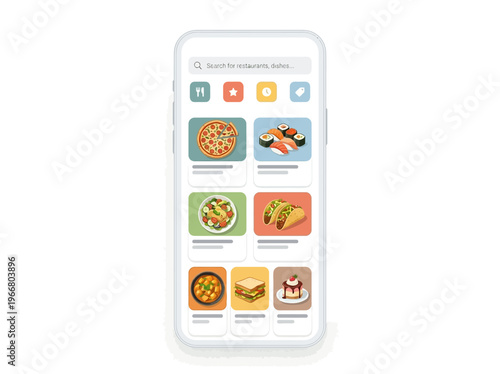 Modern mobile application interface for online food search and ordering, displayed on a smartphone with diverse cuisine options.