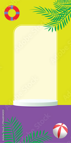 Summer-themed vertical template featuring product display podium tropical palm leaves life ring and beach ball. Bright yellow and purple background perfect for social media and seasonal ads