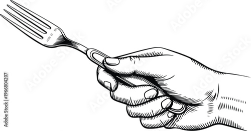 Realistic hand drawn outline of hand gripping fork diagonal composition monochrome shading food utensil line art design
