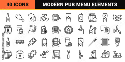 Brewery and Craft Beer minimalist Monoline Icon Set featuring Geometric Line Art for Bar Menus, Pub Branding, and Beverage Industry Apps.