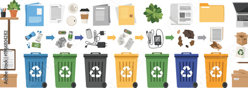 Recycling Process and Waste Sorting Icons Set with Bins, Paper, and Plant Elements for Environmental Awareness
