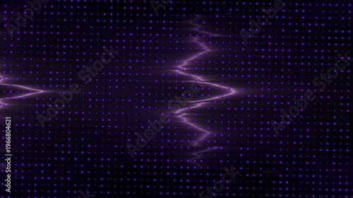 An abstract dark digital image with purple dots arranged in a grid-like pattern