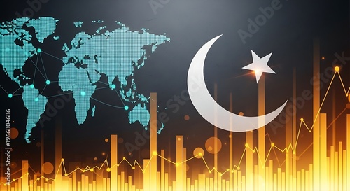 Digital World Map with Islamic Crescent and Financial Growth Charts Representing Global Islamic Economy and Halal Finance Trends