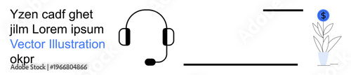 Customer support, communication tools, financial growth, telecommunication, service industry, tech assistance. A headset and a money plant with a dollar symbol. Communication tools and financial