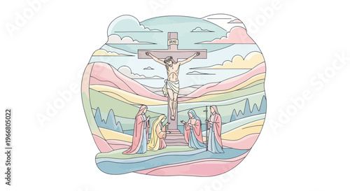 Jesus Christ Crucifixion Scene with Mourners and Pastoral Landscape