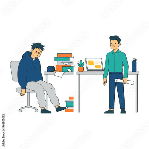 Two colleagues interact in a busy office environment with books and computer