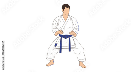 Karate practitioner in white gi with blue belt, ready stance, isolated on white background