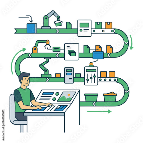 A man operates a computer controlling a green industrial production line with machines and conveyor belts.