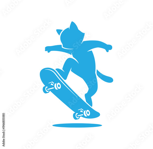 Blue cat silhouette riding skateboard on white background