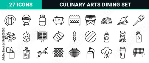 Outdoor Barbecue and Grill Cooking minimalist Monoline Geometric Line Art Symbols for Culinary Branding and UI Design
