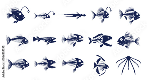 Set of Fish Skeletons Icons, Deep Sea Creatures, Marine Life, Vector Illustrations