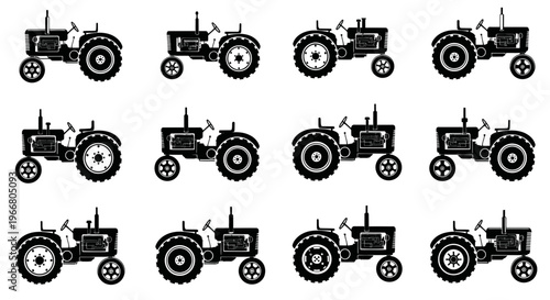 Photos Set of Black Tractor Icons on White Background, Agricultural Vehicle Vector Illu