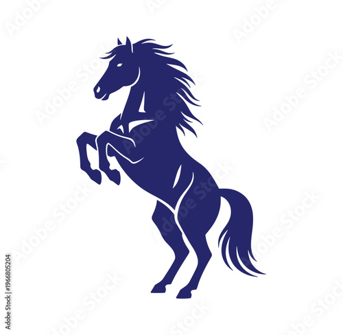 Blue horse silhouette rearing up on hind legs with flowing mane and tail
