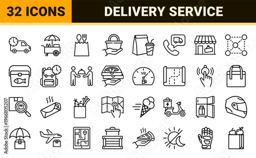 Food Delivery and Logistics Management Geometric Line Art Set. Minimalist Monoline Symbols for Courier Services and Catering Apps.