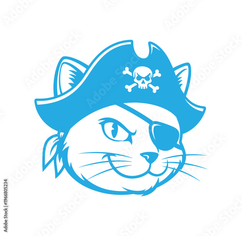 blue pirate cat face with eye patch and bandana on head