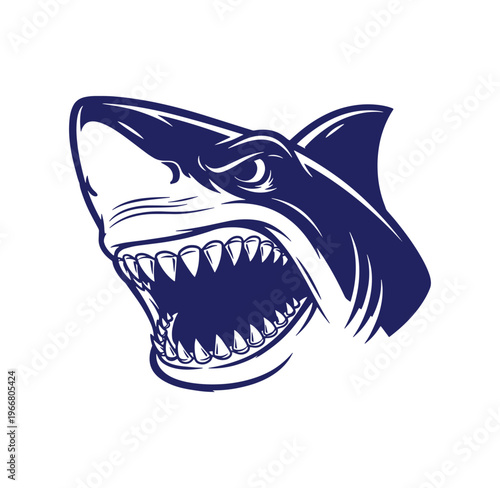 blue shark head with sharp teeth and open mouth on white background