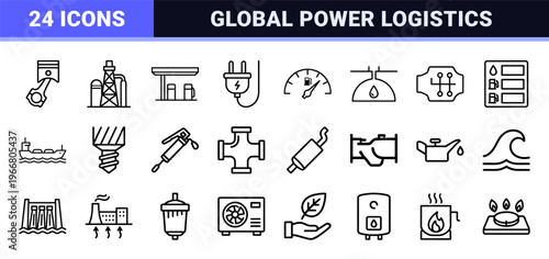 Energy and Fuel Logistics Monoline Icons, Minimalist Geometric Line Art for Industrial UI Design and Petroleum Sector Graphics