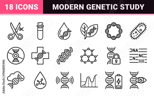 Minimalist Monoline Genetics and Biotech Research Line Art Set Featuring DNA Helix Chromosome and Laboratory Science Symbols