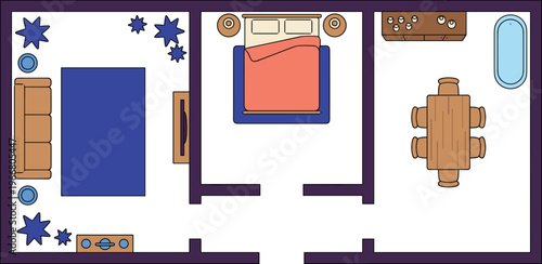 Three room apartment floor plan with living room, bedroom, dining kitchen area, bathtub, furniture arrangement, architectural visualization