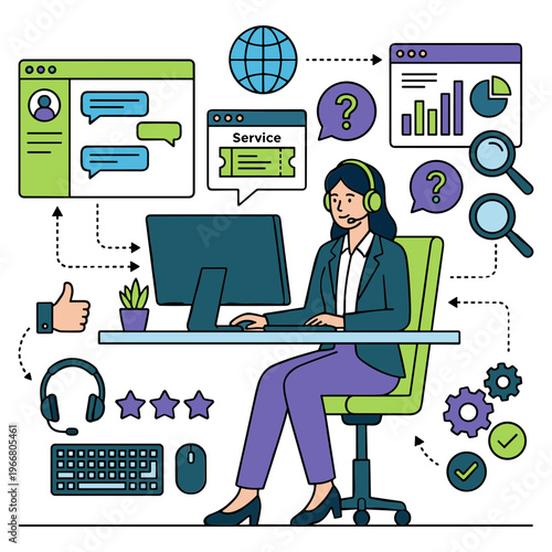 Customer support representative working at a desk with computer and headset