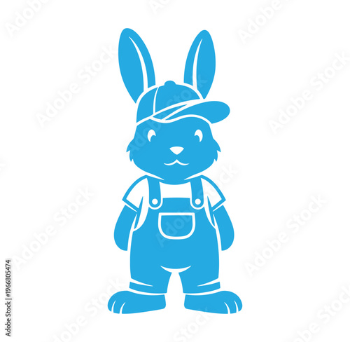 blue rabbit wearing a cap and overalls standing on white background