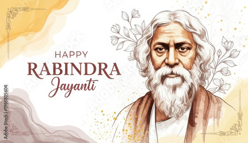 Rabindranath tagore portrait with watercolor wash and floral line on a light background