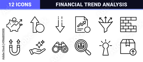Economic Growth and Market Volatility Analytics Icon Set Featuring Minimalist Monoline Geometric Outlines for Financial Data Visualization
