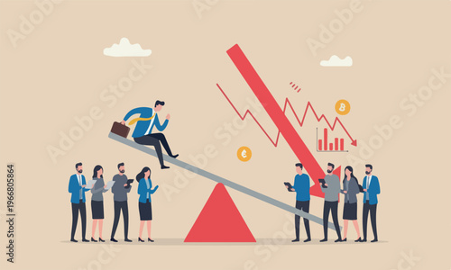 Stock, businessman sitting seesaw red arrow pointing down investment loss