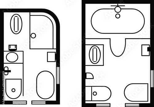 Dual bathroom floor plans with bathtub, shower, toilet, sink, bidet, compact and spacious layouts, architectural design visualization
