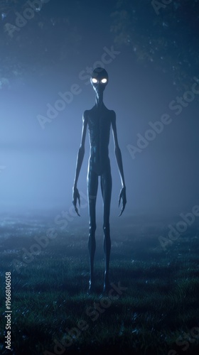 photorealistic full-length portrait of a tall slender extraterrestrial standing in a foggy suburban park at night with glowing eyes