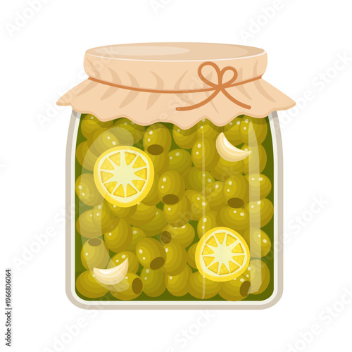 Olive Pickle Jar Flat Vector Illustration