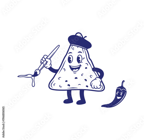 cartoon cheese character with artist paintbrush and chili pepper on white