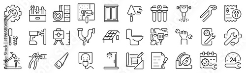Modern repair and maintenance icon set including tools, home repair, device fixing, diagnostics and service workflow. Clean outline vector icons for apps, services and UI design.