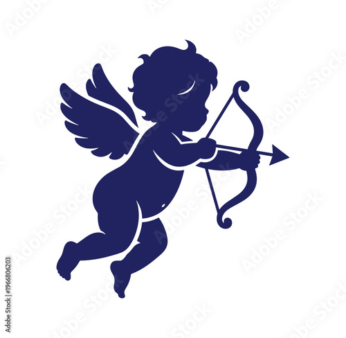 Cupid silhouette with bow and arrow flying through the air  a mythological cherub