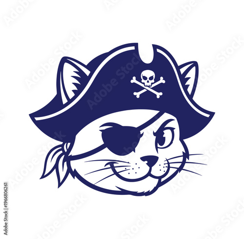 fun cartoon cat wearing pirate hat with skull and crossbones