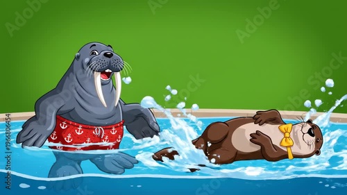 Cartoon walrus and otter swimming pool fun animated characters enjoying summer activities educational kids content cartoon style