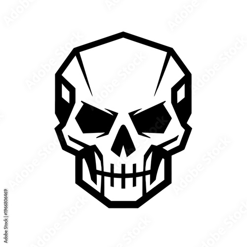 Bold Geometric Skull Logo Design: A Modern Black and White Vector Illustration Featuring a Stylized, Aggressive Human Cranium with Sharp, Angular Edges, Perfect for T-Shirts, Gaming, and Dark Brand Id